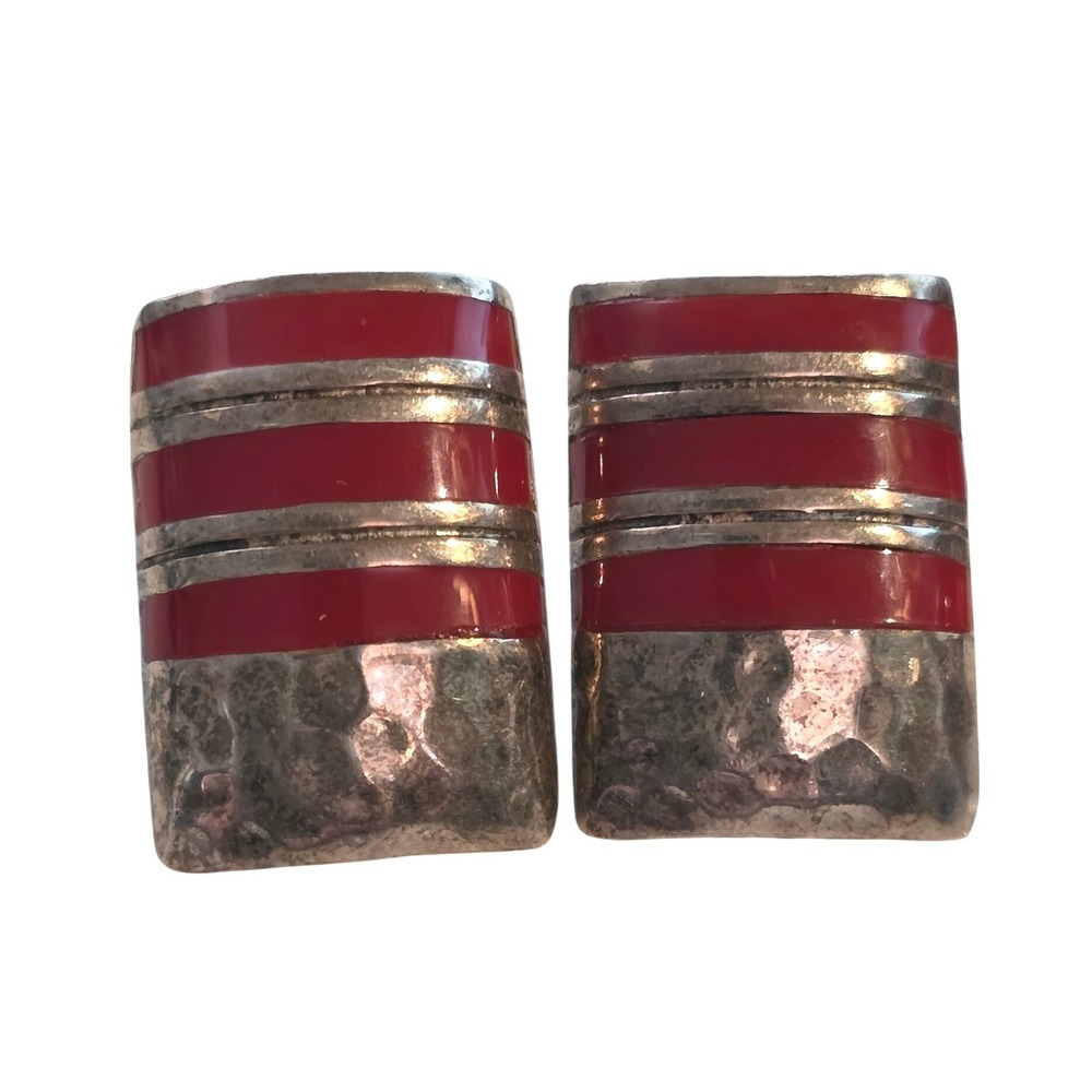 Southwestern 925 Silver Hammered Red Coral Inlay Rectangle‎ Stud Earrings